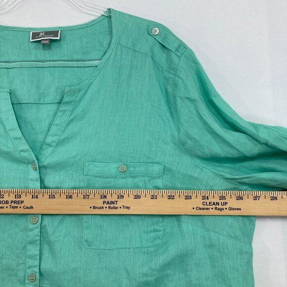 New JM Collection size 24W Green Split Neck Rolled Sleeve Pure Linen Button Down - Picture 5 of 8